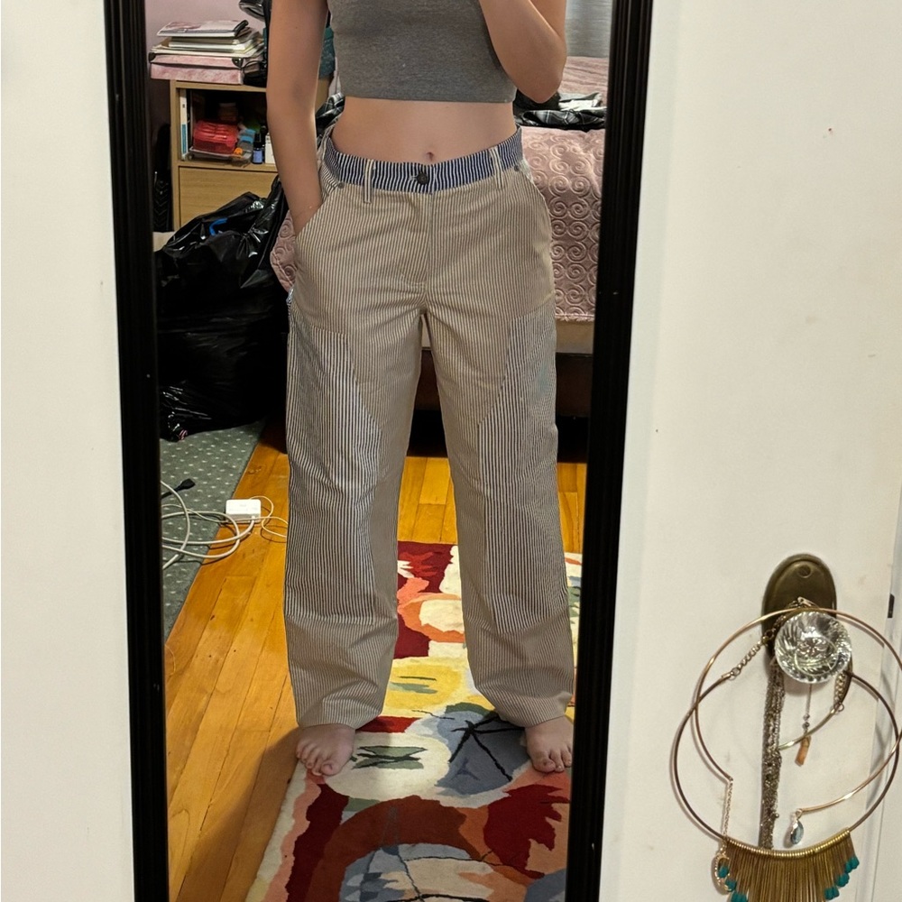 Thin stripe beige and blue Teddy Fresh baggy trousers/pants, deep pockets